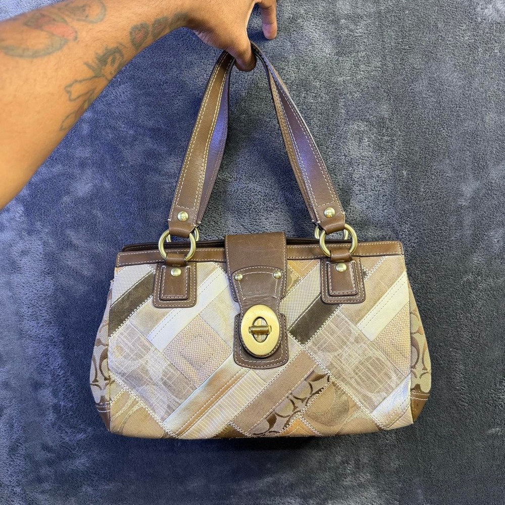 Coach Patchwork Signature Handbag Brown Leather Suede Turnlock Tote